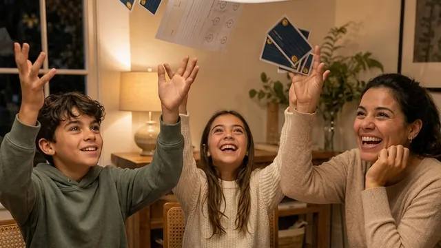 A family cheering with printed clue sheets in the air after solving a Clue Harbor mystery