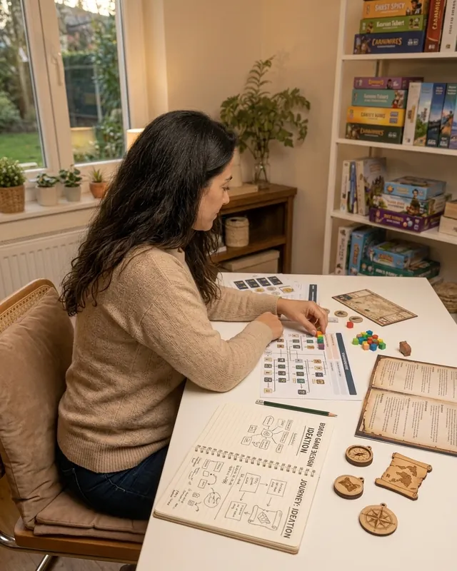 Jane laying out a printable case at her work table, prototype cards and notes spread in front of her