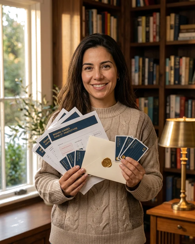 Jane holding the printed Clue Harbor game with sealed clue envelopes and cut-ready cards
