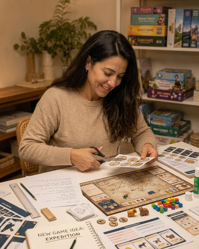Jane cutting out printable game pieces with a pair of scissors at her work table, surrounded by prototype cards and notes