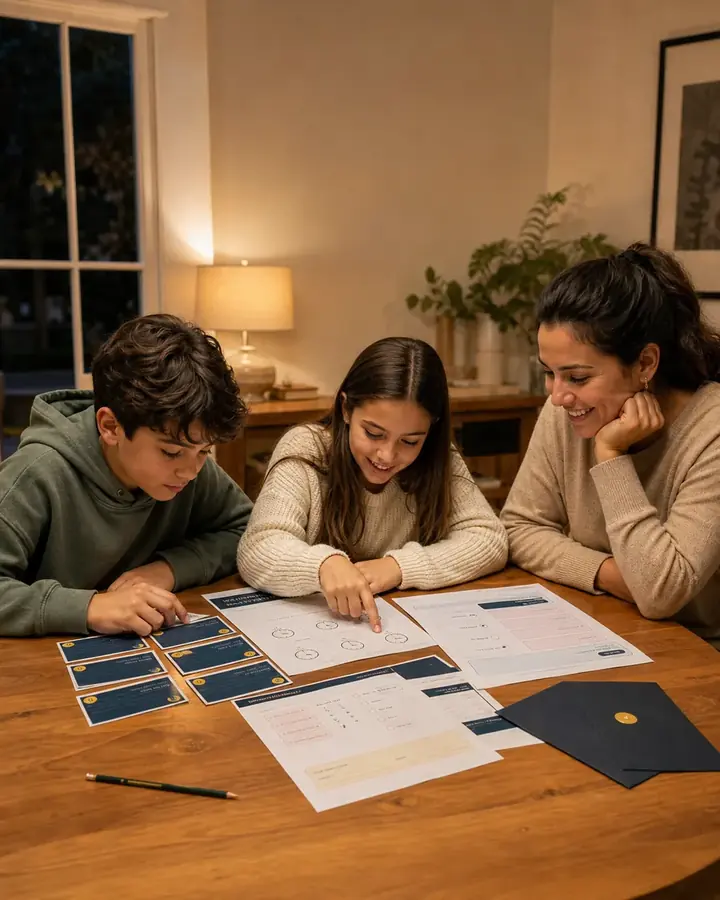 A family working together on a printable Clue Harbor mystery with clue envelopes at home