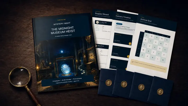 The Midnight Museum Heist printable family mystery with clue cards and envelopes