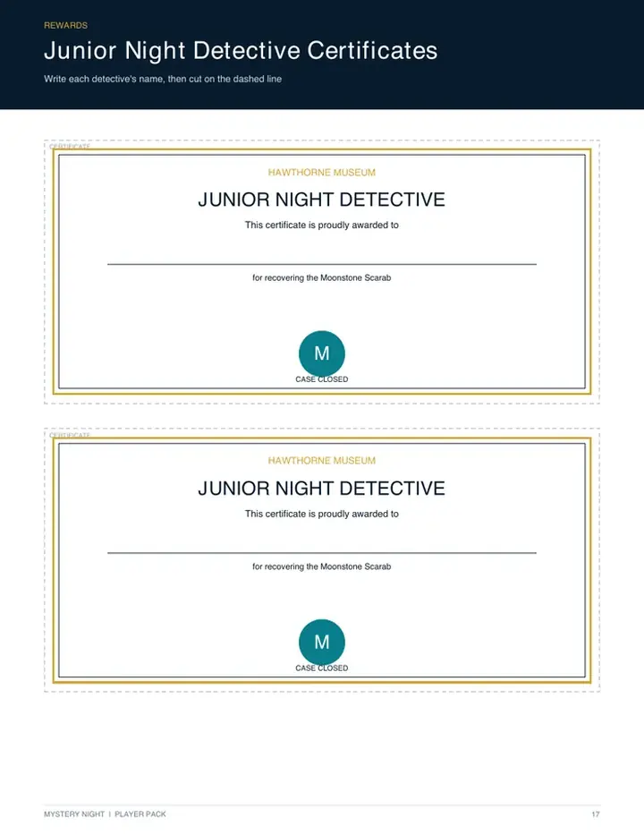 Printable Junior Night Detective certificates