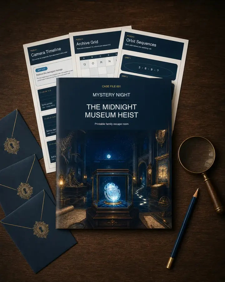 The Midnight Museum Heist game cover and printable puzzle sheets with clue cards