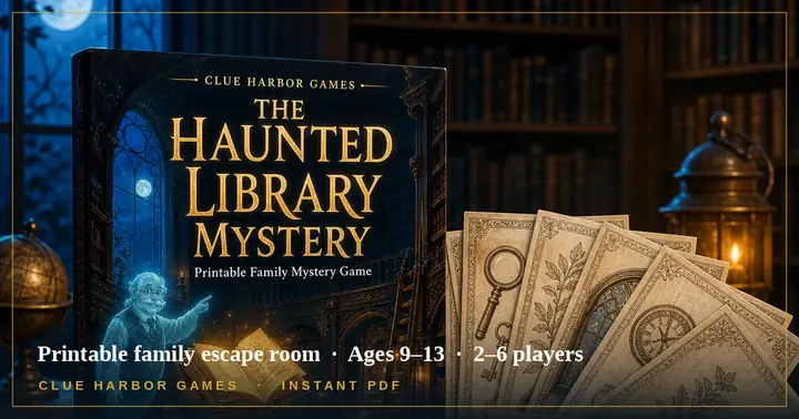 The Haunted Library Mystery printable family mystery with clue cards and envelopes