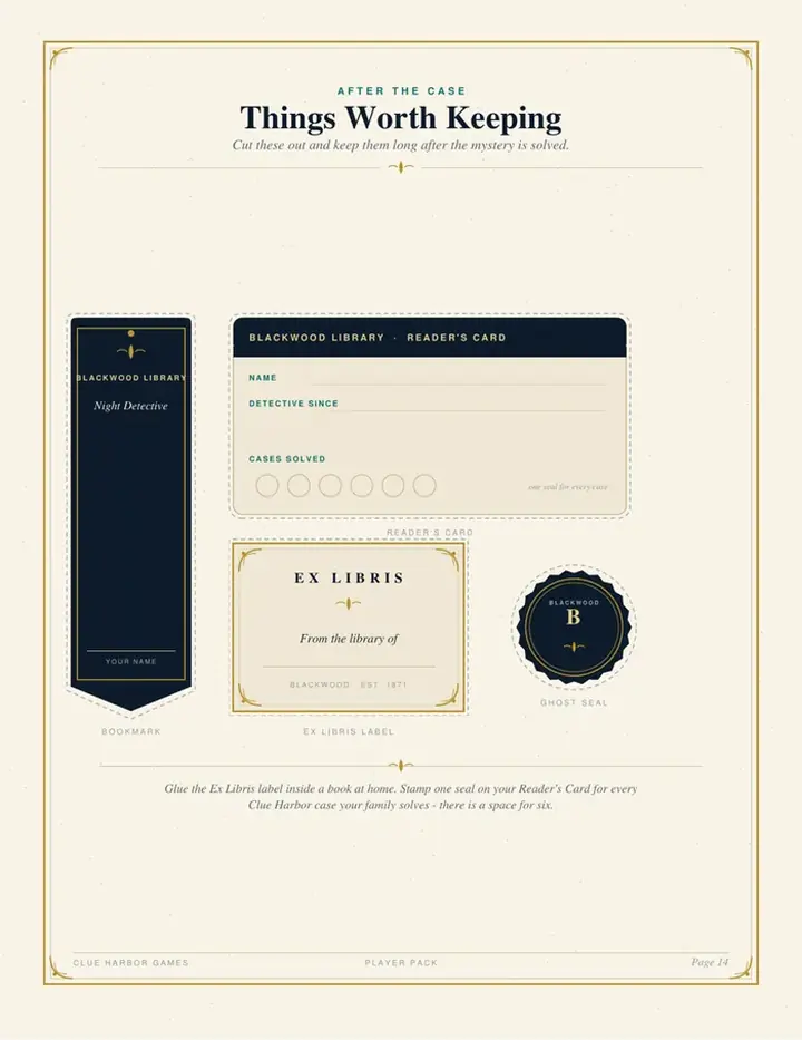 Printable bookmark, reader's card, ex libris label and ghost seal