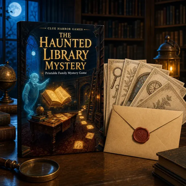 The Haunted Library Mystery printable game with the cover, clue cards and a sealed envelope