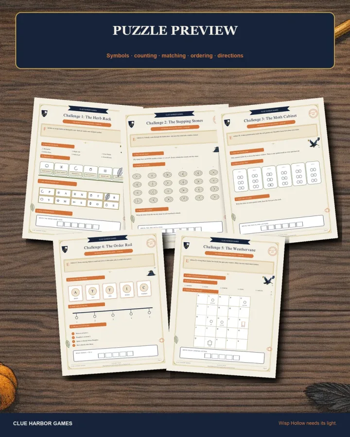 Printable cottage puzzles and evidence cards from The Missing Witch's Spellbook
